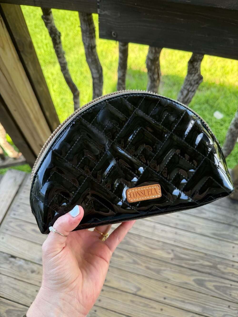 Consuela Black Quilted Patent Large Cosmetic Bag with Blue Glitter Interior - Picture 3 of 7